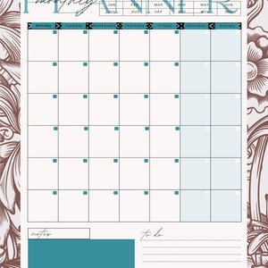 K&ouml;nnte beinhalten: Ein Monatsplaner mit einem floralen Design in Braun und Wei&szlig;. Das Wort "PLANNER" steht oben, mit den Wochentagen und einem Kalenderraster. T&uuml;rkisfarbene Akzente werden im gesamten Design verwendet, einschlie&szlig;lich der Abschnitte "Notizen" und "Aufgaben".