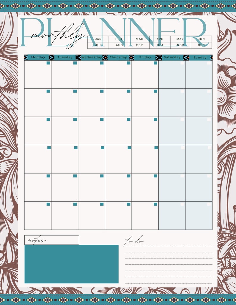 K&ouml;nnte beinhalten: Ein Monatsplaner mit einem floralen Design in Braun und Wei&szlig;. Das Wort "PLANNER" steht oben, mit den Wochentagen und einem Kalenderraster. T&uuml;rkisfarbene Akzente werden im gesamten Design verwendet, einschlie&szlig;lich der Abschnitte "Notizen" und "Aufgaben".