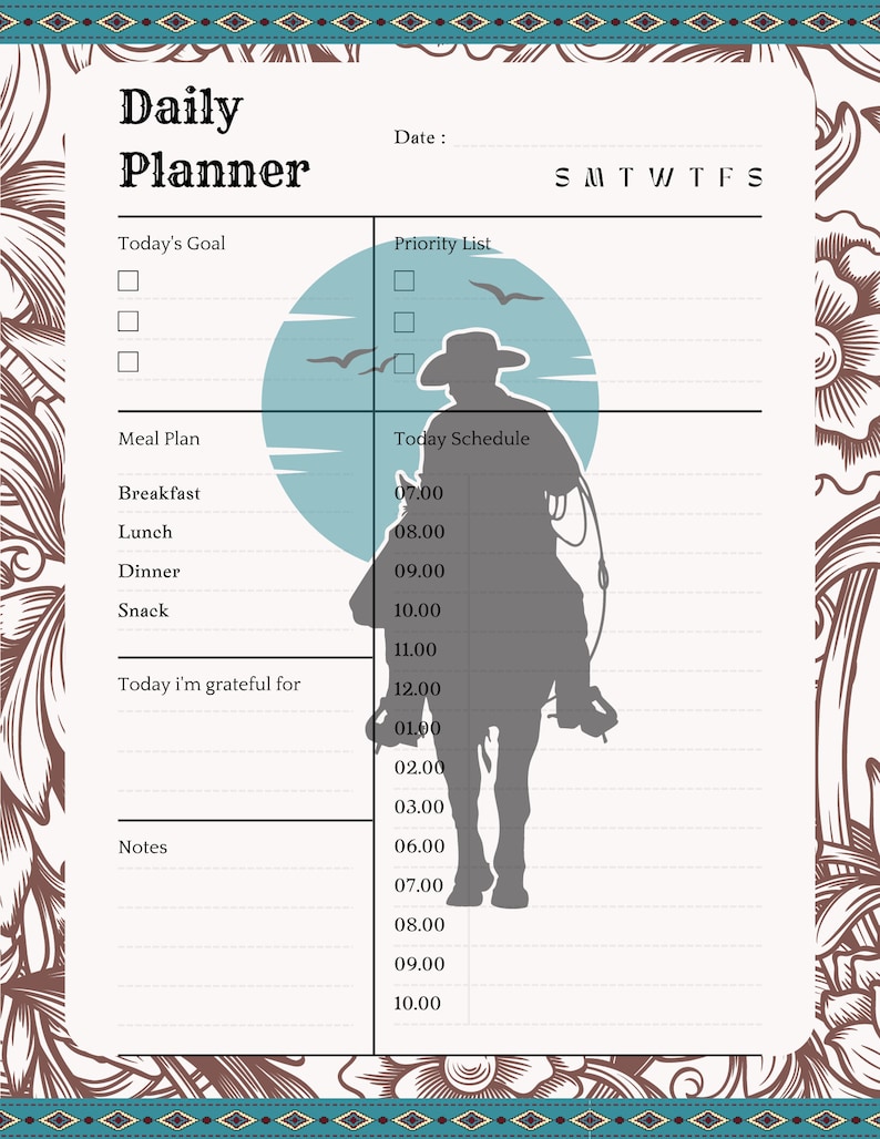 K&ouml;nnte beinhalten: Tagesplaner mit einer Cowboy-Silhouette auf einem Pferd, vor einem blau-wei&szlig;en Hintergrund. Der Planer enth&auml;lt Abschnitte f&uuml;r Ziele, Essenspl&auml;ne und einen Zeitplan mit dekorativen floralen und geometrischen Bord&uuml;ren.