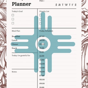 K&ouml;nnte beinhalten: Ein Tagesplaner mit floralem Design-Rand. Der Planer enth&auml;lt Abschnitte f&uuml;r Ziele, eine Priorit&auml;tenliste, Essensplanung und einen Zeitplan von 7:00 bis 22:00 Uhr. Der Text "Daily Planner" steht oben.