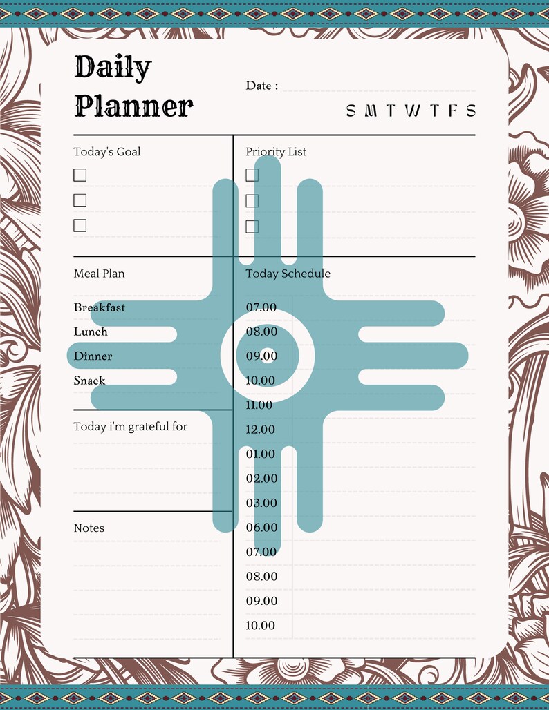 K&ouml;nnte beinhalten: Ein Tagesplaner mit floralem Design-Rand. Der Planer enth&auml;lt Abschnitte f&uuml;r Ziele, eine Priorit&auml;tenliste, Essensplanung und einen Zeitplan von 7:00 bis 22:00 Uhr. Der Text "Daily Planner" steht oben.