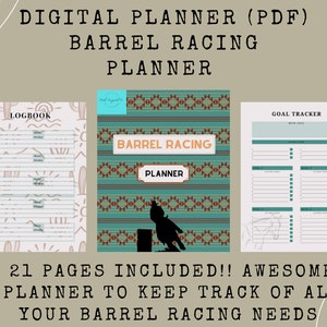 Könnte beinhalten: Ein digitaler Barrel-Racing-Planer im PDF-Format. Der Planer enthält ein Logbuch, einen Ziel-Tracker und ein Cover mit einem türkisfarbenen und braunen geometrischen Muster sowie einer Silhouette eines Pferdes und Reiters. Der Text lautet "21 Seiten enthalten!" und "Toller Planer, um alle Ihre Barrel-Racing-Bedürfnisse zu verfolgen."