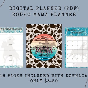 Könnte beinhalten: Digitaler Rodeo Mama Planer (PDF) mit einem jährlichen Rodeo-Planer, einem monatlichen Kalender und einem Cover mit Kuhfellmuster und dem Text "The Rodeo Mama Planner". Enthält 48 Seiten.