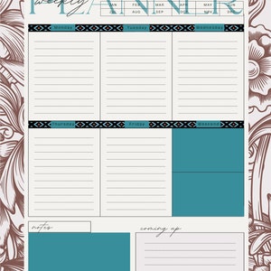 K&ouml;nnte beinhalten: Wochenplaner mit einem teal- und braunfarbenen Blumendesign. Der Planer enth&auml;lt Abschnitte f&uuml;r jeden Wochentag mit linierten Bereichen f&uuml;r Notizen. Das Wort "Weekly Planner" steht oben, darunter die Monate des Jahres.