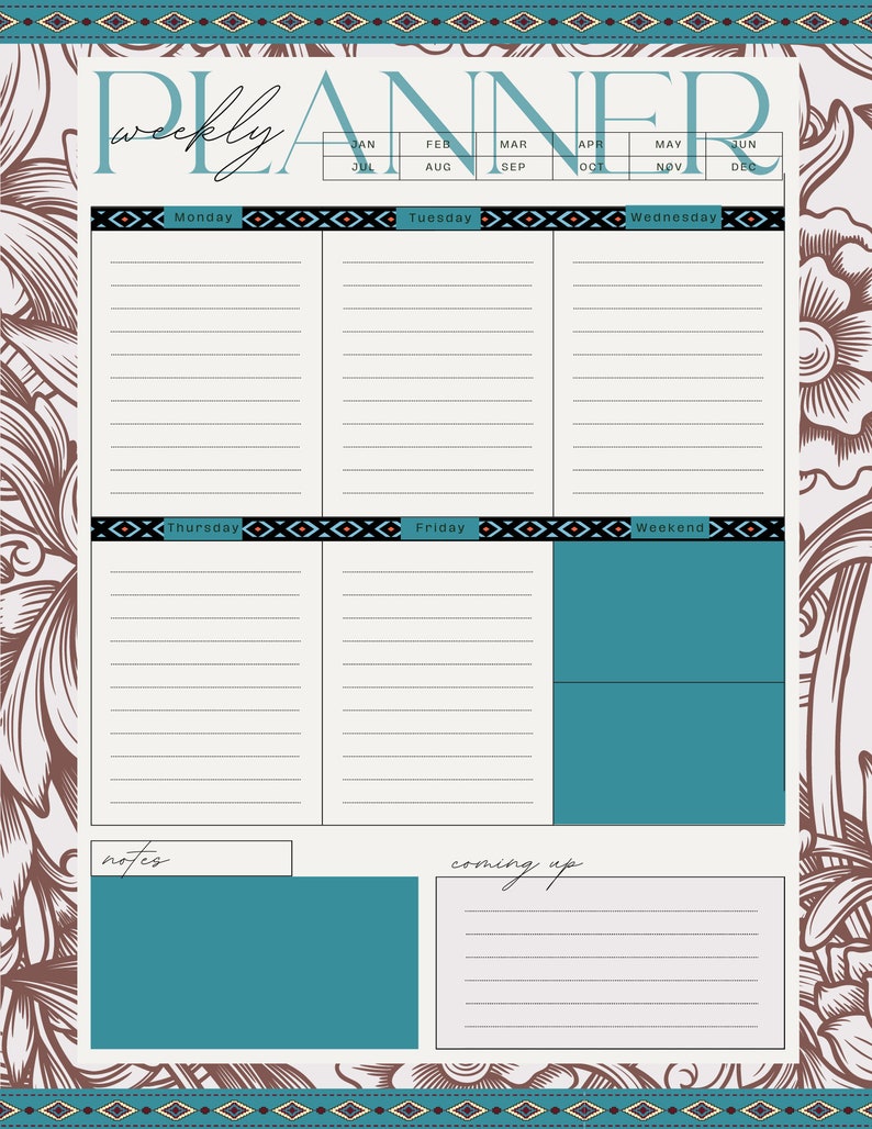 K&ouml;nnte beinhalten: Wochenplaner mit einem teal- und braunfarbenen Blumendesign. Der Planer enth&auml;lt Abschnitte f&uuml;r jeden Wochentag mit linierten Bereichen f&uuml;r Notizen. Das Wort "Weekly Planner" steht oben, darunter die Monate des Jahres.
