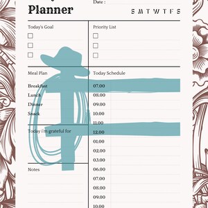K&ouml;nnte beinhalten: Ein Tagesplaner mit einer t&uuml;rkisfarbenen Cowboyhut-Grafik. Der Planer enth&auml;lt Abschnitte f&uuml;r Ziele, eine Priorit&auml;tenliste, einen Essensplan und einen Zeitplan von 7:00 bis 22:00 Uhr. Das Design weist florale und geometrische Bord&uuml;relemente auf.