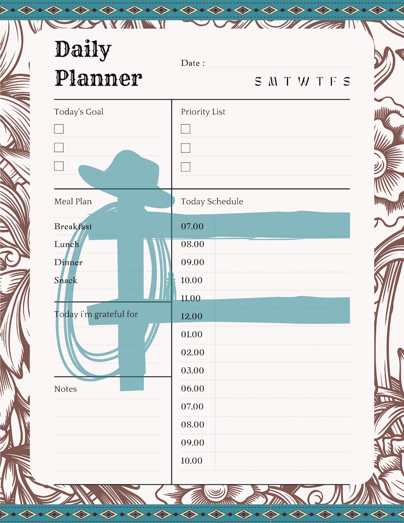 K&ouml;nnte beinhalten: Ein Tagesplaner mit einer t&uuml;rkisfarbenen Cowboyhut-Grafik. Der Planer enth&auml;lt Abschnitte f&uuml;r Ziele, eine Priorit&auml;tenliste, einen Essensplan und einen Zeitplan von 7:00 bis 22:00 Uhr. Das Design weist florale und geometrische Bord&uuml;relemente auf.