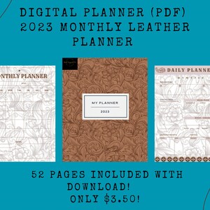 Könnte beinhalten: Digitaler monatlicher Lederplaner 2023 mit floralem Design. Der Planer enthält einen Monatsplaner, einen Tagesplaner und einen Planer mit braunem Ledereinband. Der Text auf dem Cover lautet "My Planner 2023".