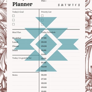K&ouml;nnte beinhalten: Ein Tagesplaner mit cremefarbenem Hintergrund und einem t&uuml;rkisfarbenen und braunen geometrischen Design. Der Planer enth&auml;lt Abschnitte f&uuml;r Ziele, Essenspl&auml;ne und einen Zeitplan. Der Text enth&auml;lt "Daily Planner", "Today's Goal" und "Today Schedule".