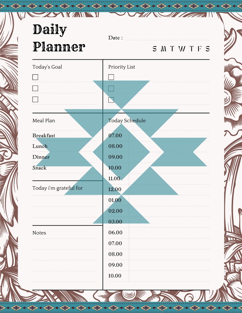 K&ouml;nnte beinhalten: Ein Tagesplaner mit cremefarbenem Hintergrund und einem t&uuml;rkisfarbenen und braunen geometrischen Design. Der Planer enth&auml;lt Abschnitte f&uuml;r Ziele, Essenspl&auml;ne und einen Zeitplan. Der Text enth&auml;lt "Daily Planner", "Today's Goal" und "Today Schedule".