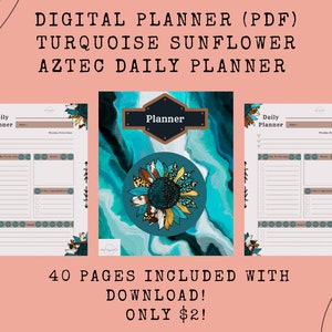 Könnte beinhalten: Digitaler Planer mit einem türkisfarbenen Sonnenblumen-Design. Der Planer enthält ein tägliches Layout mit Abschnitten für To-Do-Listen, Notizen und Termine. Das Design zeigt aztekische Muster und den Text "Digital Planner (PDF)".