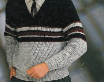 PDF Knitting Pattern - Men's V Necked Fishermens Rib Jumper with stripes. Pattern for 34" chest up to 44", Download. English Language