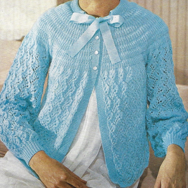 PDF Knitting Pattern - 3 Ply - Ladies Thin Lacy Night Cardigan Bedjacket Bed Jacket with Yoke Sizes 40" chest to 44".  Instant Download