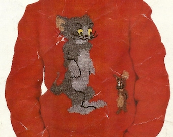 PDF Knitting Pattern - DK - Boys Round Necked Jumper, with Tom and Jerry Motifs. Sizes 20" to 34" chest. Instant Download