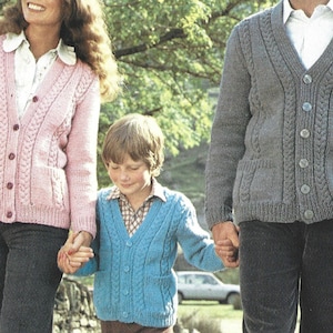 PDF Knitting Patterns - Chunky - Family, Ladies, Mens, Girls, Boys, Chunky V Necked Cardigan with cabling 30&quot; to 40&quot;. Instant Download