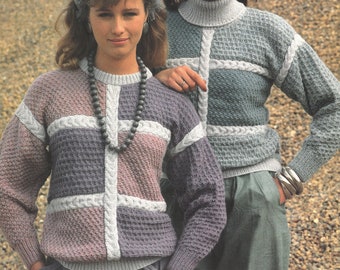 PDF Knitting Patterns - Ladies DK polo and round necked jumper, with squares and cabling, 32" to 38". Instant Download, English Language.