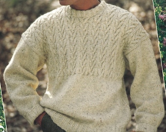 PDF Knitting Pattern - Aran - Men's Round Necked Cable Jumper In sizes 36" to 46" chest. Instant Download. English Language