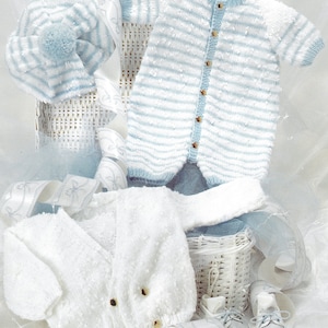 May include: A set of knitted baby clothes in white and blue. The set includes a hat, a cardigan, and a short-sleeved onesie. The onesie has blue stripes and the cardigan and hat have a textured pattern.
