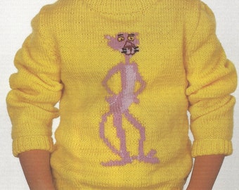 PDF Knitting Pattern - DK - Boys Round Necked Jumper, with Pink Panther Motif. Sizes 20" to 34" chest. Instant Download