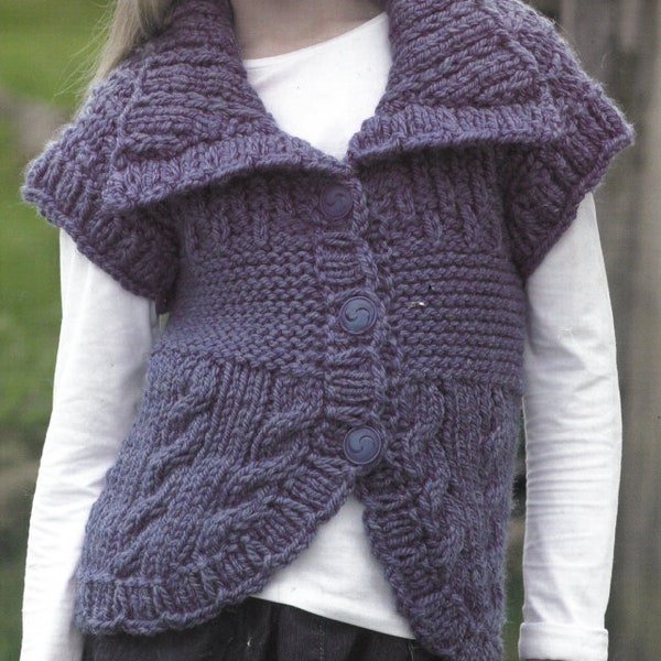 PDF Knitting Pattern - Super Chunky - Girls Thick Warm Waistcoat with Collar and Cable Knits in 6 sizes 22 to 32 chest English Language