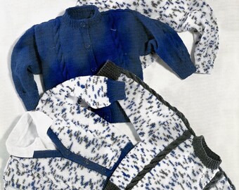 Patrón de tejido en PDF: cárdigans y jerséis DK 4 para bebés, niñas y niños, con cuello en V y redondo. Con detalle de trenzas. Tallas de 22" a 32". Descarga instantánea