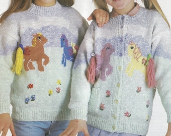 PDF Knitting Patterns -DK - Girls Knitted My Little Pony Round Necked Cardigan and Jumper. Sizes 20" to 26". Instant Download