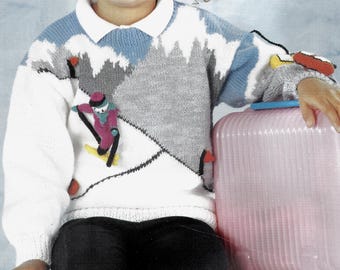 Patrón de tejido en PDF - DK - Escena de esquí invernal con cuello redondo familiar. El esquiador es desmontable. Tallas del patrón: 22" a 30" Pecho Descarga instantánea