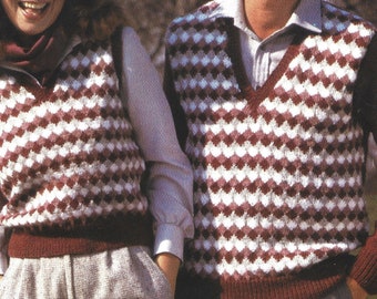 PDF Knitting Pattern - DK - Mens Ladies V Necked Fairisle DK Jumper and Waistcoat/ Tank Top. Sizes 32" to 46" Chest,