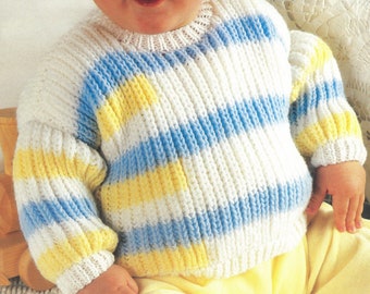 PDF Knitting Patterns - Baby's/ Toddler's fisherman's rib round necked jumper, 18" to 24". Instant Download, English Language.