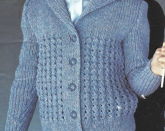 May include: A light blue knitted cardigan with a collar, button closure, and a cable knit pattern.