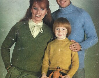 PDF Knitting Pattern- DK - Family Polo Neck, Round Neck and V Necked Jumpers with Raglan Sleeves. Sizes 24" to 44" Chest, Instant Download