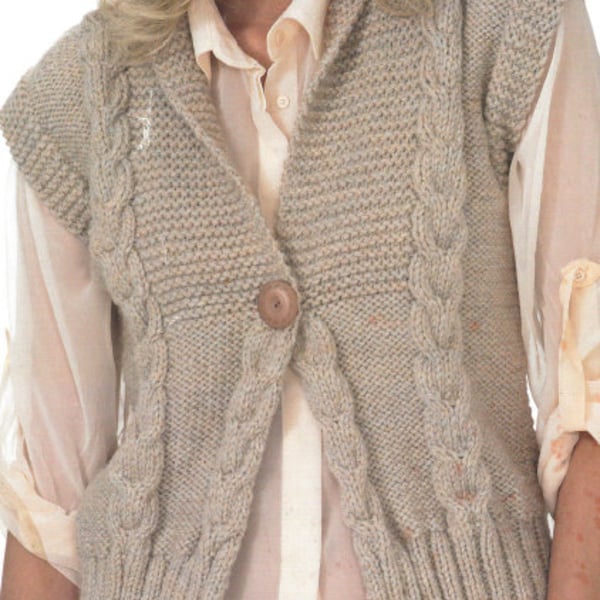 PDF Knitting Pattern - Chunky - Ladies Cable Chunky Waistcoat / Button Sleeveless Top knitted in 5 sizes 28" to 46" chest English Language