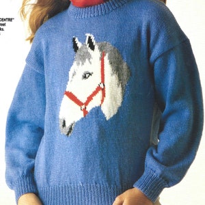 PDF Knitting Pattern- 4 ply - Family Round Necked Jumper with Horse Head on Front. Sizes 26&quot; to 38&quot; Chest, Instant Download