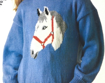 PDF Knitting Pattern- 4 ply - Family Round Necked Jumper with Horse Head on Front. Sizes 26" to 38" Chest, Instant Download