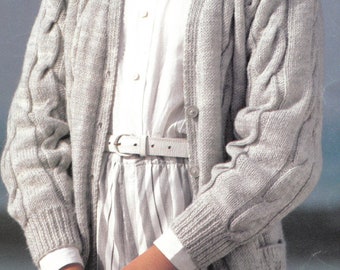 PDF Knitting Pattern - Long Line Ladies Button Up Cardigan with Cable and Pockets. V Necked. Instant Download. English Language