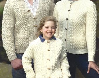 PDF Knitting Pattern - Aran - Mens Ladies Boys Girls Round and V Necked Aran Cardigan with Pockets. Sizes 26" to 44" Chest, Instant Download
