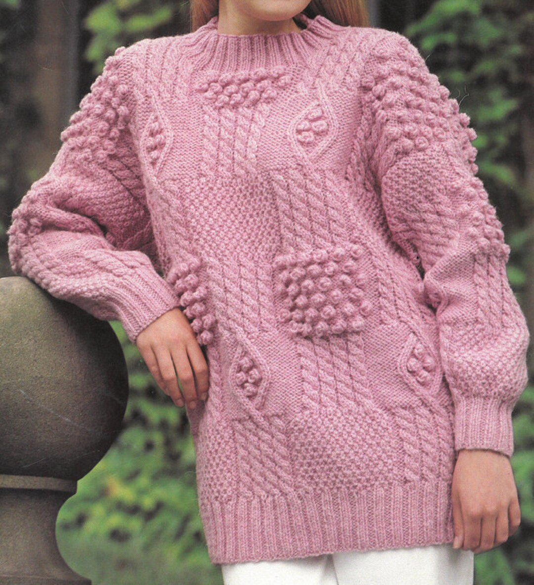 PDF Knitting Pattern Aran Ladies Aran Patchwork Jumper With Cable