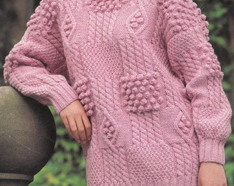 PDF Knitting Pattern - Aran - Ladies Aran Patchwork Jumper with Cable & Bobble Squares knitted in 3 sizes 30 to 40 chest English Language