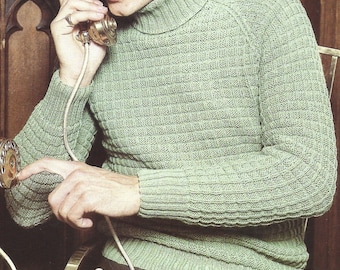 PDF Knitting Pattern - DK - Mens Knitting Pattern for a Polo Necked Jumper, Knitted in 5 sizes 38" to 46" chest English Language