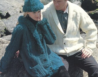 PDF Knitting Pattern - Aran - Mens and Ladies Long Line V Necked Jacket with Collar and Pockets. Sizes 30" to 48" Chest, Instant Download