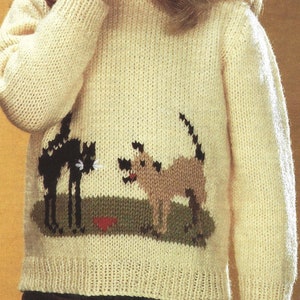PDF Knitting Pattern- DK - Family Round Necked Jumper with Cat and Dog Motif. Sizes 18" to 24" Chest, Instant Download