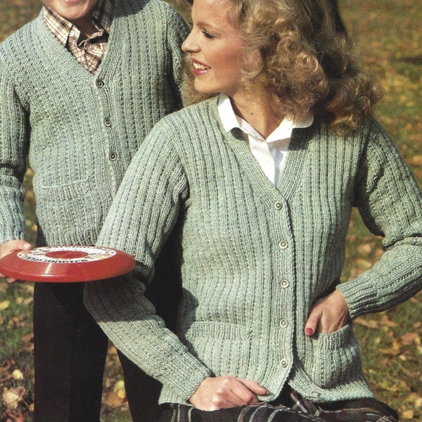 PDF Knitting Pattern - Aran - No Cabling. Family V Necked Cardigan with pockets. Knitted in 12 sizes 24" to 46" Chest, Instant Download