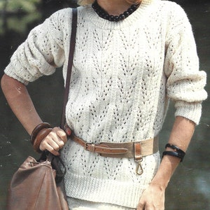 PDF Knitting Pattern - Aran - Ladies / Girl Aran Round Necked Lacy Jumper - with No Cabling Sizes 34&quot; to 38&quot; chest Instant Download