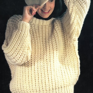 PDF Knitting Patterns - Ladies  super chunky fishermen's rib round necked jumper, 34" to 44". Instant Download, English Language.