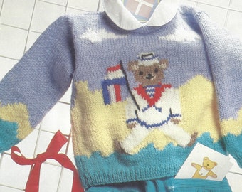 PDF Knitting Pattern - DK - Baby Teddy Seaside Picture Round Necked Jumper.  Sizes 18" to 22". Instant Download