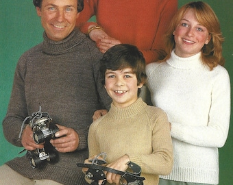 PDF Knitting Pattern- DK - Family Plain Polo Necked Jumpers with Raglan Sleeves. Knitted in 11 sizes 24" to 44" Chest, Instant Download