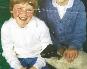 PDF Knitting Pattern - DK - Boys, Girls Round Necked Jumper and V Necked Cardigan. Sizes 22" to 32" Instant Download