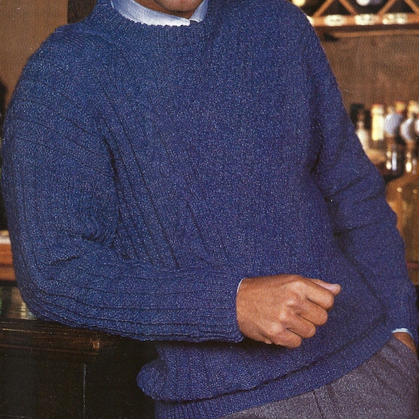 PDF Knitting Pattern - DK - Men's Round Necked Cable Sweater Jumper. In sizes 34" to 42" chest. Instant Download.