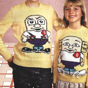 PDF Knitting Pattern - DK - Boys Girls Mens Ladies Jumper, Wheetabix Motifs of Dunk and Pixie. Sizes 26" to 32" chest. Instant Download