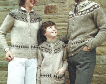 PDF Knitting Pattern- DK - Family Fair Isle Yoke Round Necked Cardigan with Pockets. Knitted in 10 sizes 24" to 42" Chest, Instant Download